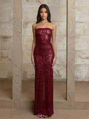 Elegant Sequin Strapless Solid Color Back Slit Long Maxi Dress