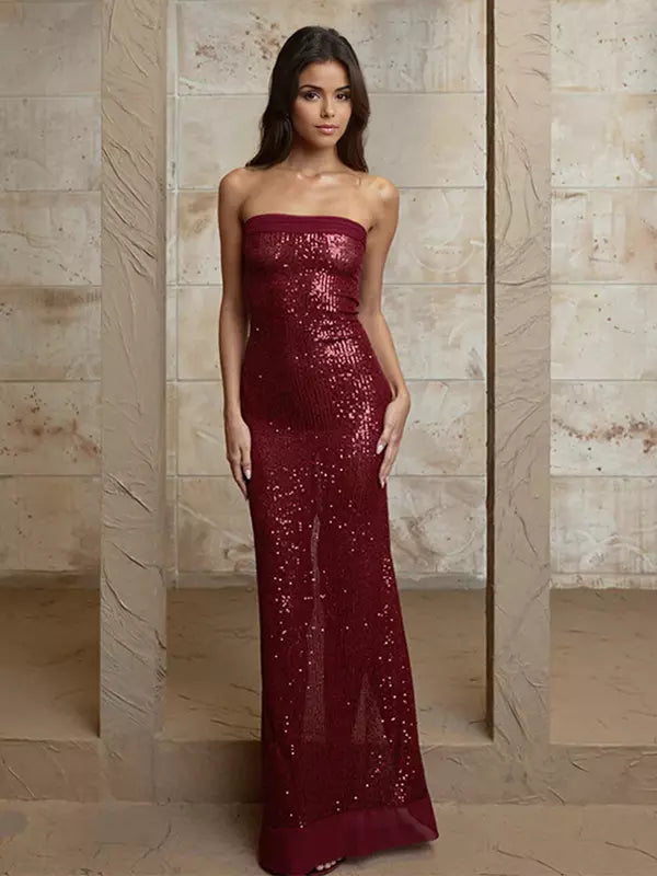Elegant Sequin Strapless Solid Color Back Slit Long Maxi Dress