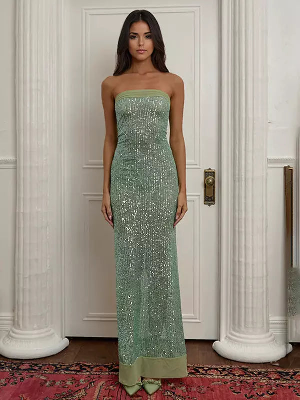 Elegant Sequin Strapless Solid Color Back Slit Long Maxi Dress