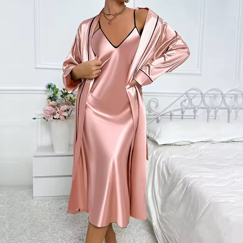 Elegant Silk Thin Satin Mid-Calf Long Loose Twinset Robe Set