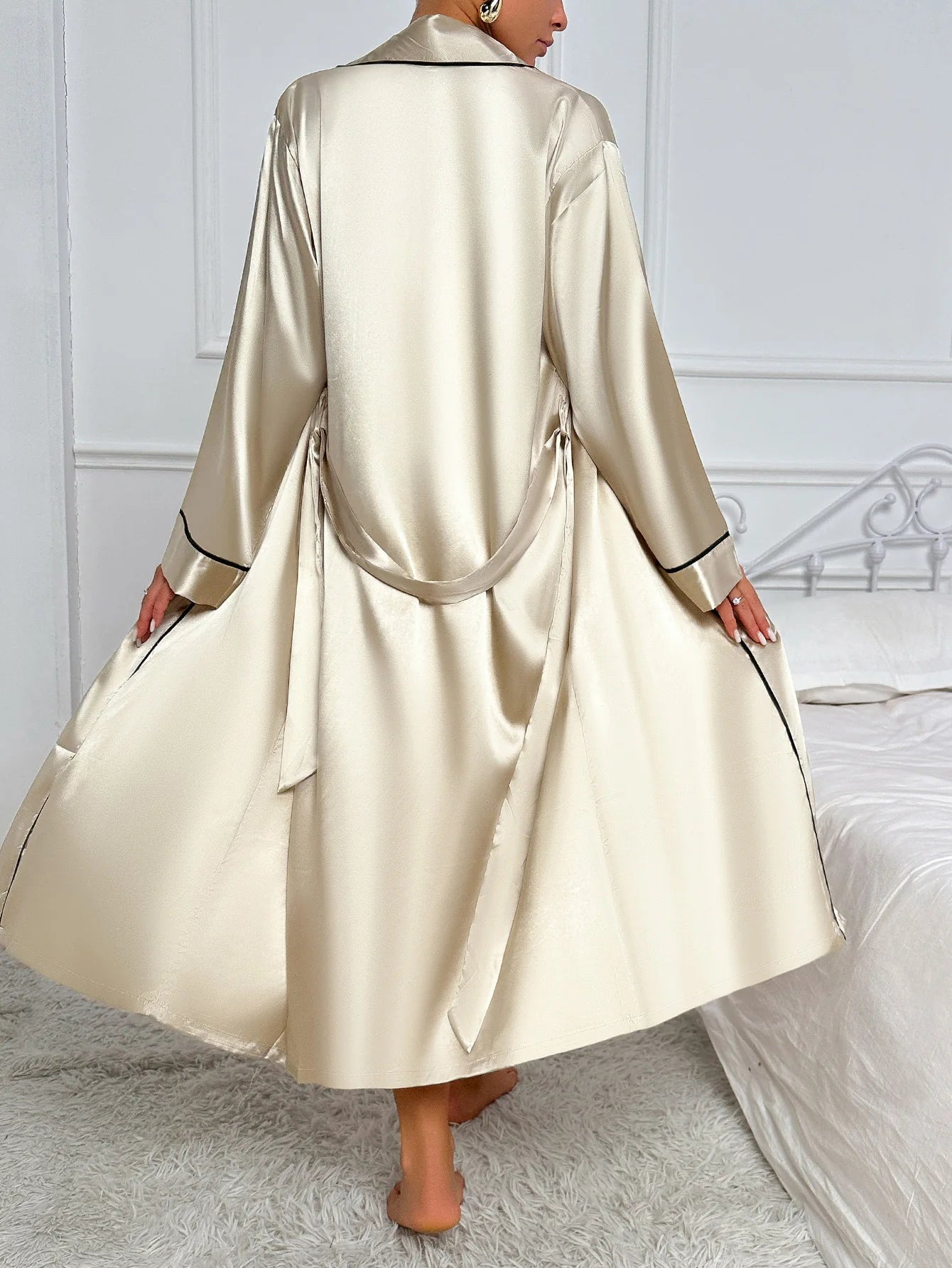 Elegant Silk Thin Satin Mid-Calf Long Loose Twinset Robe Set