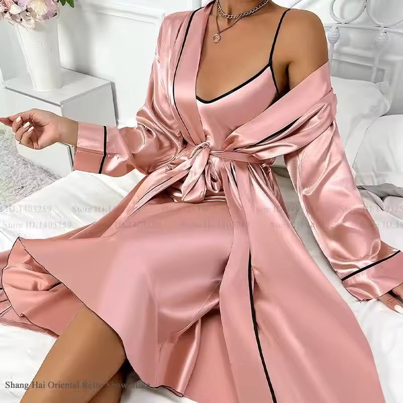 Elegant Silk Thin Satin Mid-Calf Long Loose Twinset Robe Set
