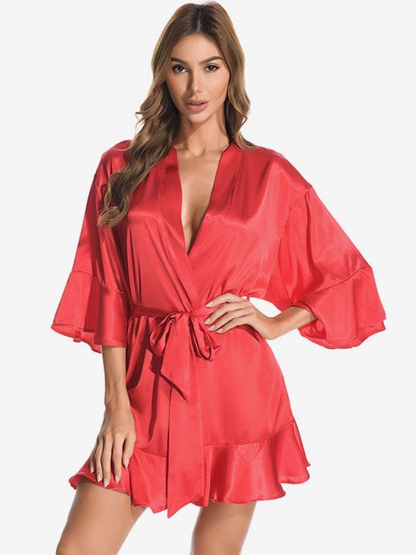 Elegant Solid Color Ruffles Robes Silk-like Daily Casual Ruffles Lingerie