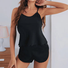 Elegant Solid sleeveless Sleepwear Suspender Two Piece Set