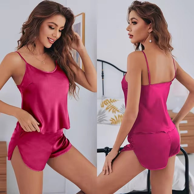 Elegant Solid sleeveless Sleepwear Suspender Two Piece Set