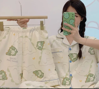 Elegant Teenage Cartoon Cute Lazy Wind New Short-Sleeved Three-Piece Set