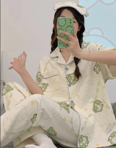 Elegant Teenage Cartoon Cute Lazy Wind New Short-Sleeved Three-Piece Set