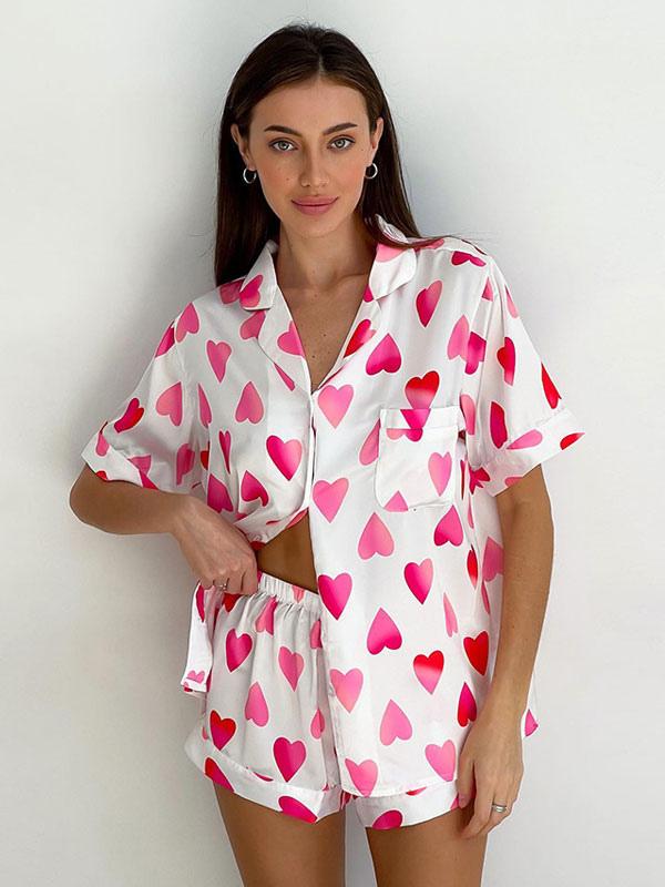 Elegant Turn down Collar Short Sleeves Silk-like Pajamas Sleepwear