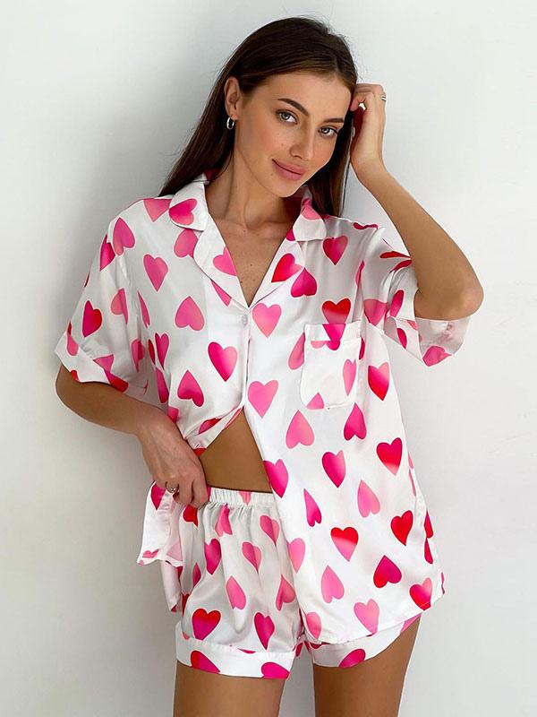 Elegant Turn down Collar Short Sleeves Silk-like Pajamas Sleepwear