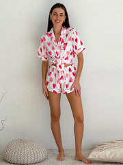 Elegant Turn down Collar Short Sleeves Silk-like Pajamas Sleepwear