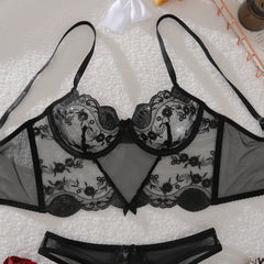 Elegant Ultra Thin Embroidery Transparent Sheer Lingerie Set