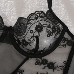 Elegant Ultra Thin Embroidery Transparent Sheer Lingerie Set