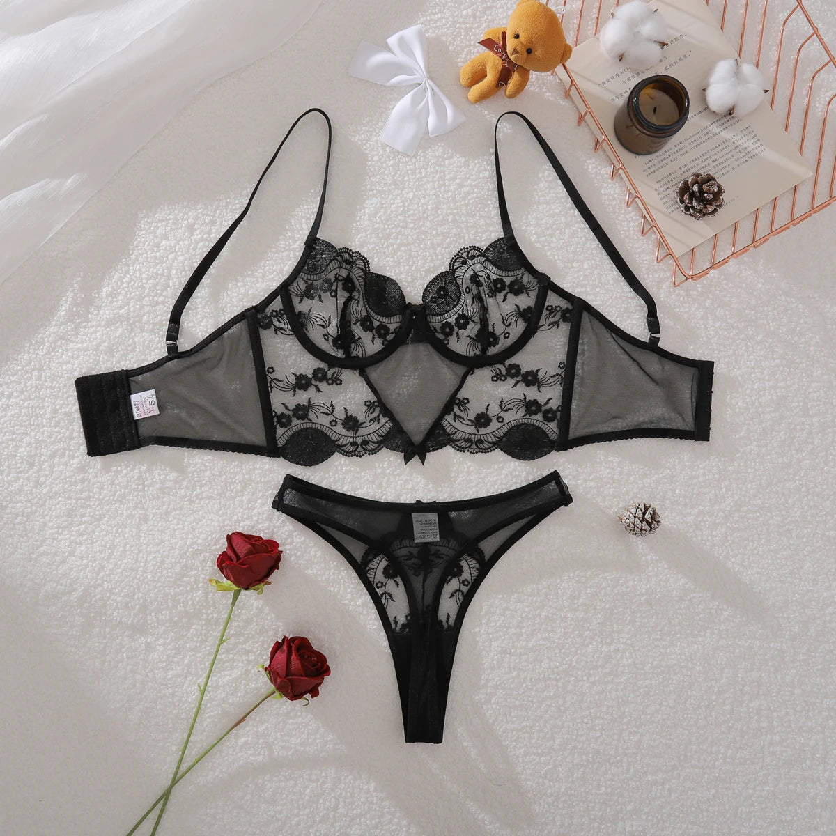 Elegant Ultra Thin Embroidery Transparent Sheer Lingerie Set