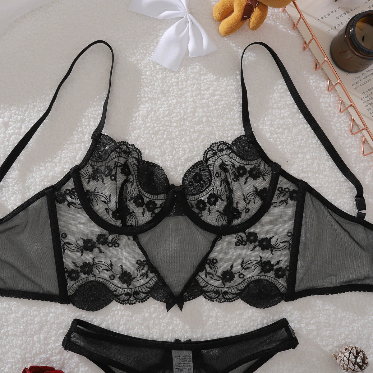 Elegant Ultra Thin Embroidery Transparent Sheer Lingerie Set