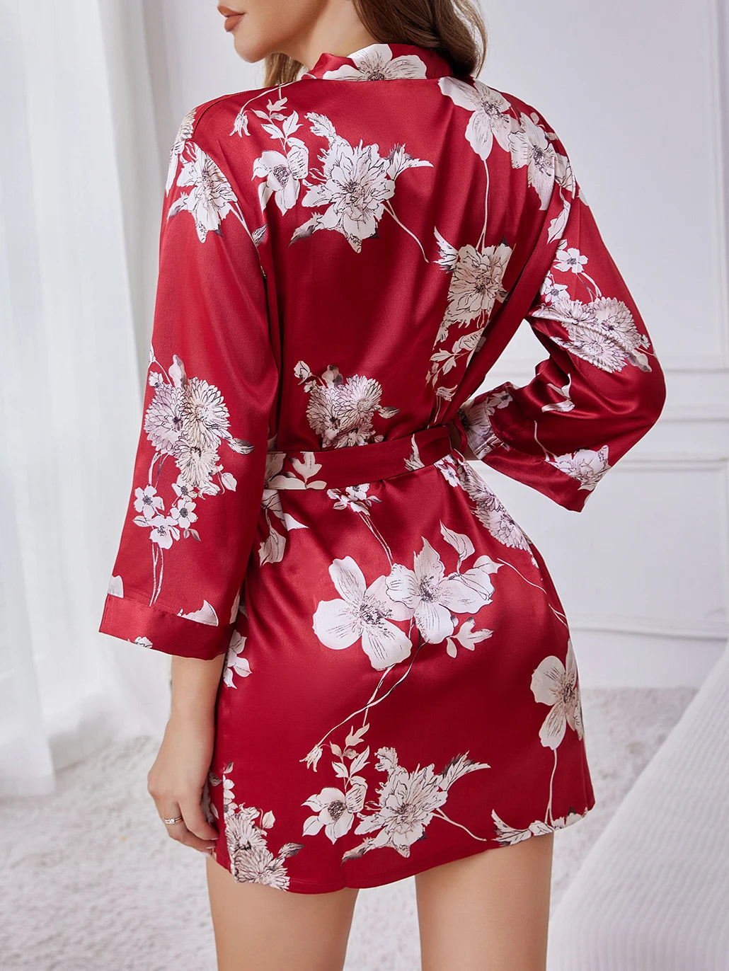 Elegant V-Neck Belted Robe Floral Print with Flowy Sleeves Silk Lounge wear