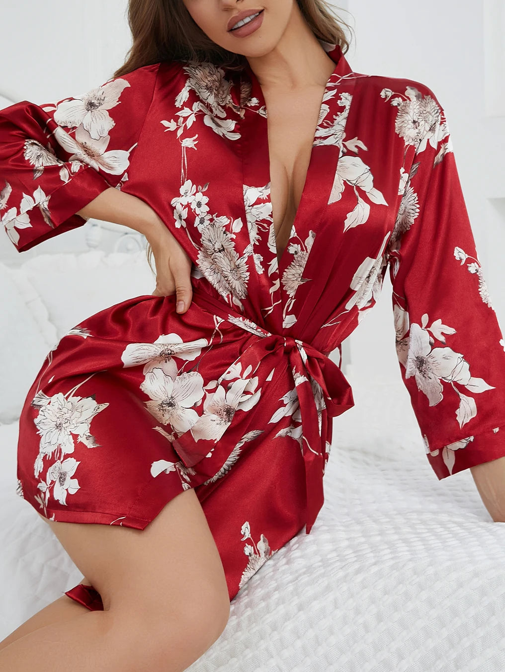 Elegant V-Neck Belted Robe Floral Print with Flowy Sleeves Silk Lounge wear