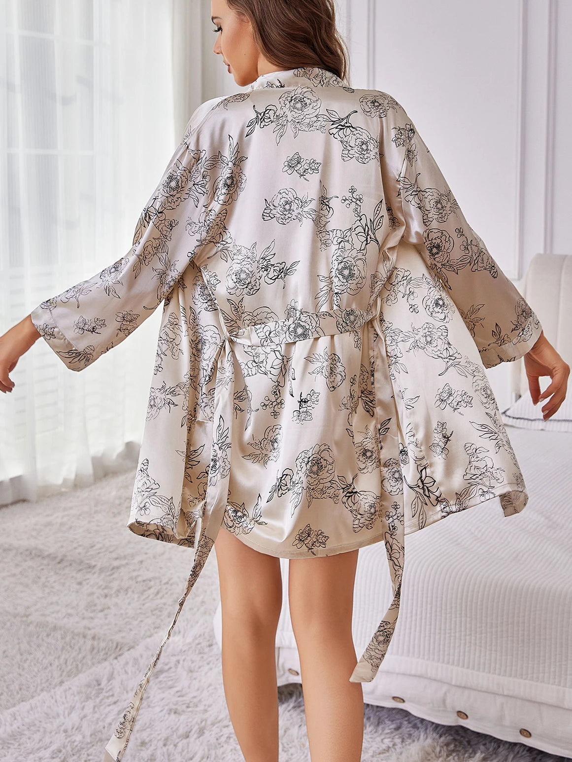 Casual V-Neck Belted Robe Floral Print with Flowy Sleeves Silk Lounge wear
