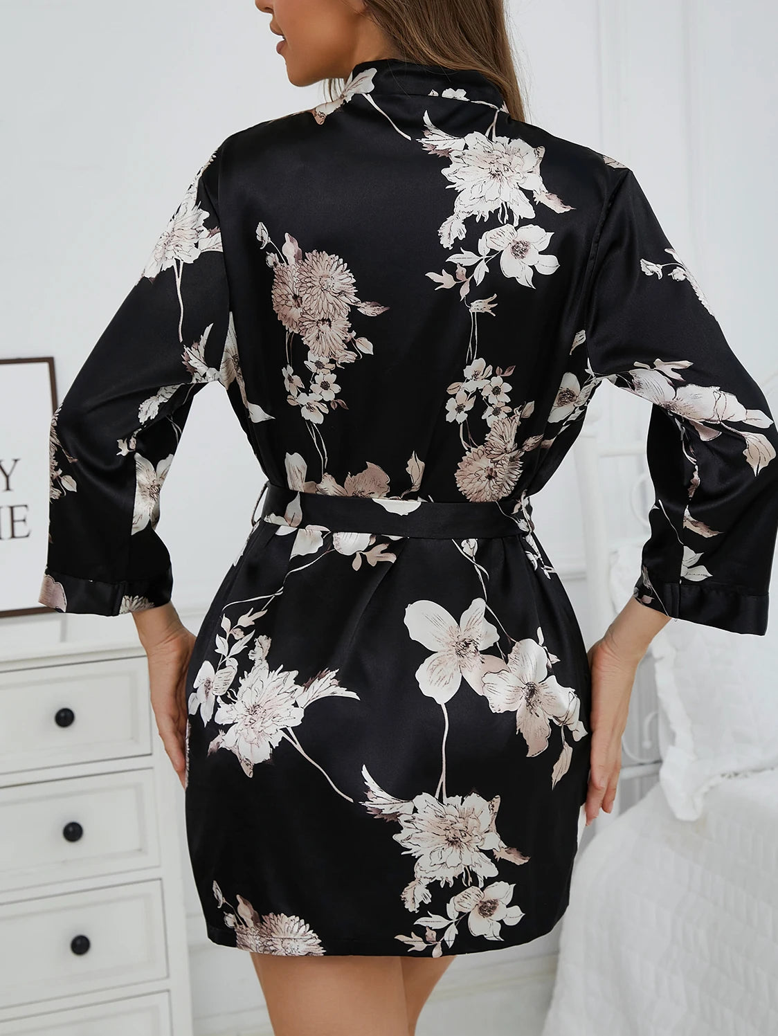 Elegant V-Neck Belted Robe Floral Print with Flowy Sleeves Silk Lounge wear