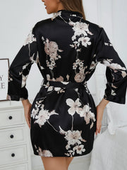 Elegant V-Neck Belted Robe Floral Print with Flowy Sleeves Silk Lounge wear