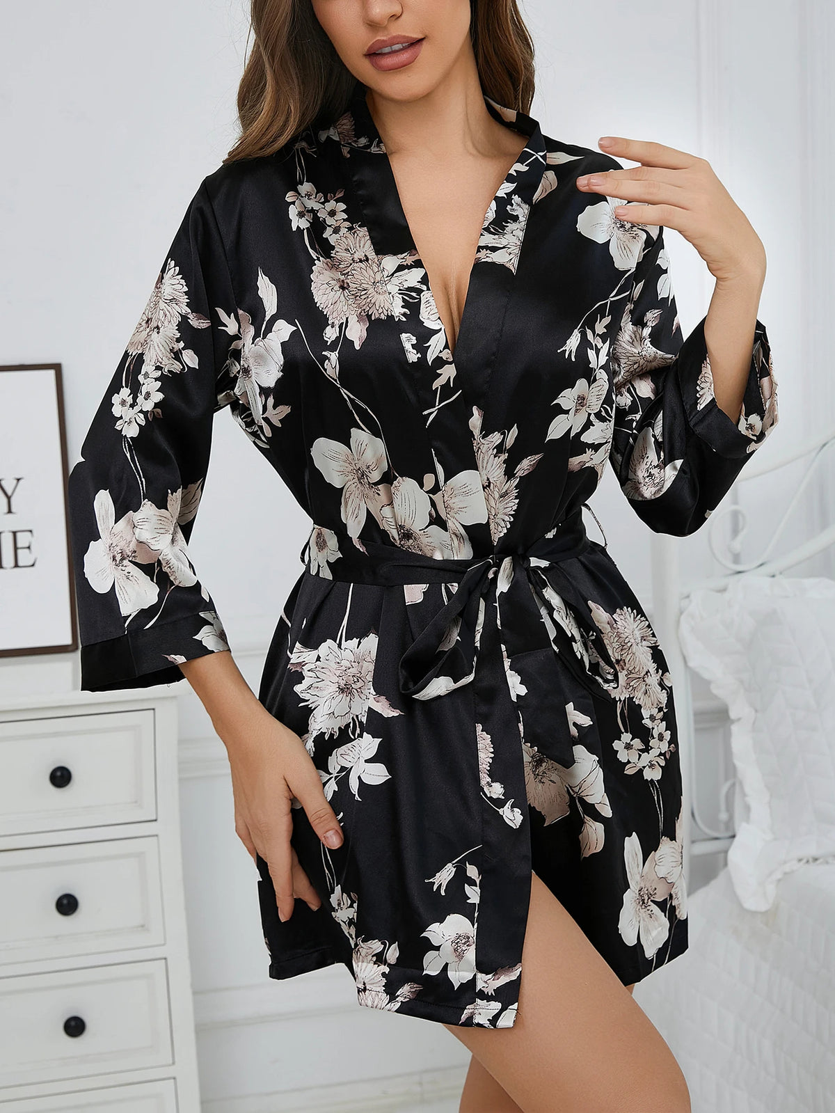 Elegant V-Neck Belted Robe Floral Print with Flowy Sleeves Silk Lounge wear