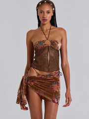 Elegant Weird Puss Halter Knit Patchwork Flower Print Three Piece Set