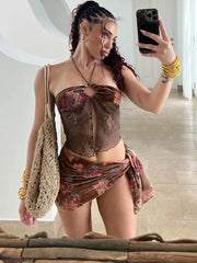 Elegant Weird Puss Halter Knit Patchwork Flower Print Three Piece Set