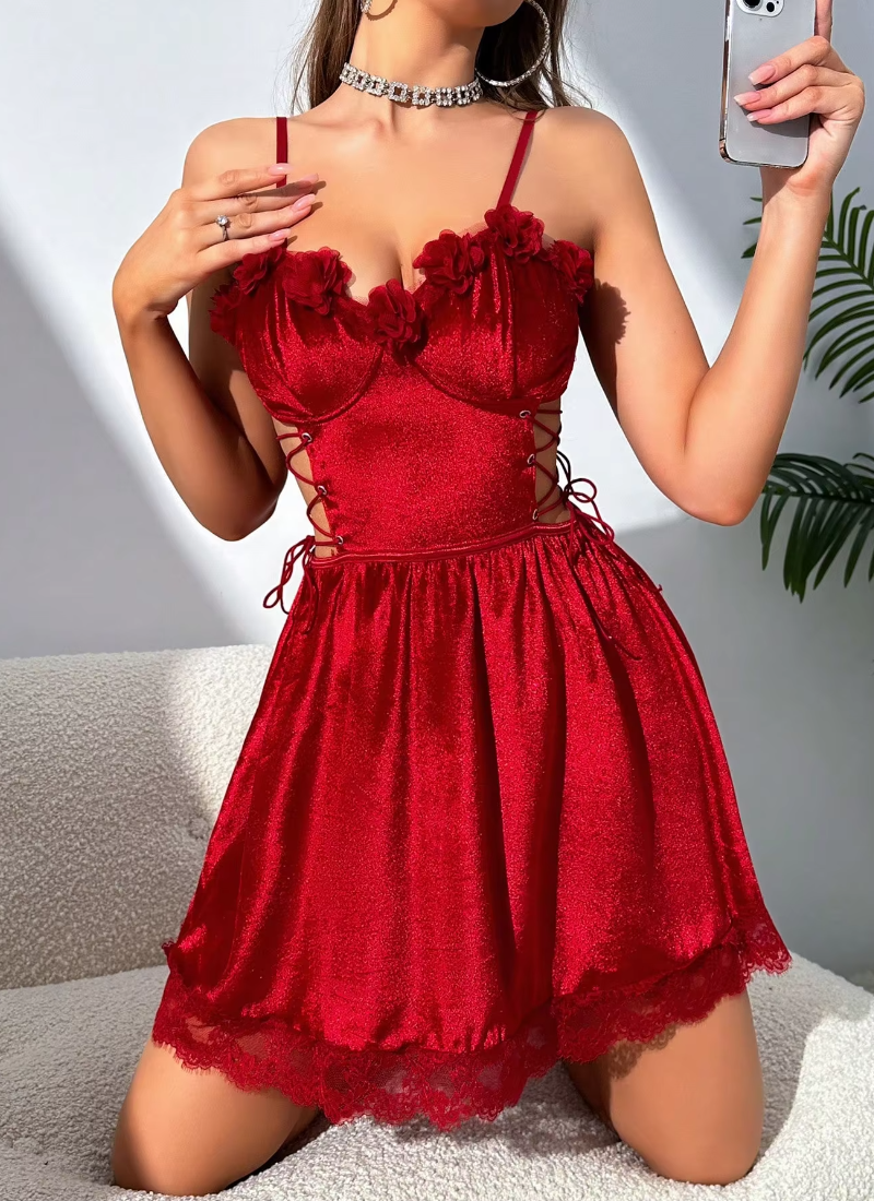 Elegant Lace Embroidered Velvet Interesting Nightgown