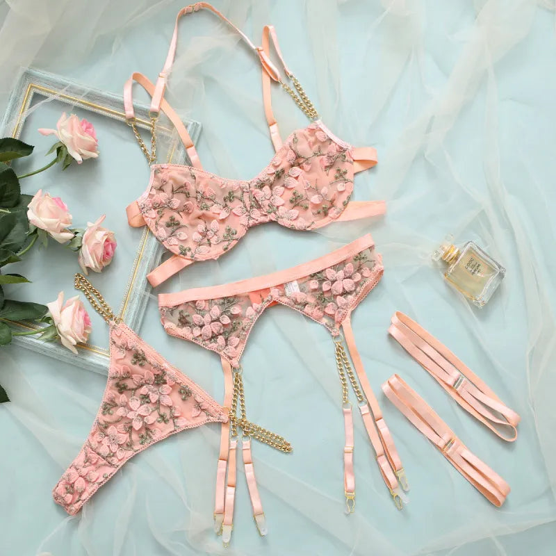 Embroidered Mesh Lingerie Garter Three-Piece Set