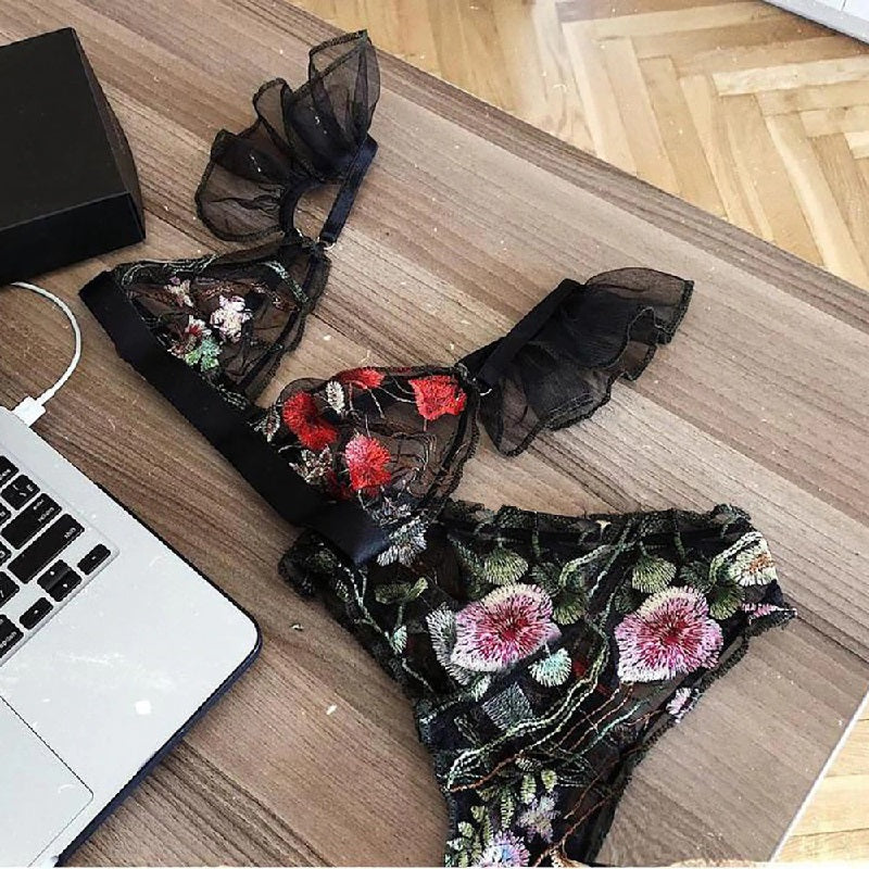 Embroidery Floral Lace Bra And Panty Set