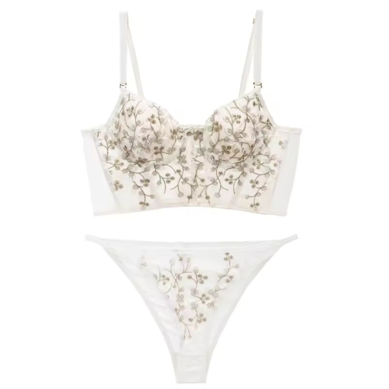 Embroidery Lace Flowers Body Shaping Push Up Romantic Cute Lingerie Thin Bra Set