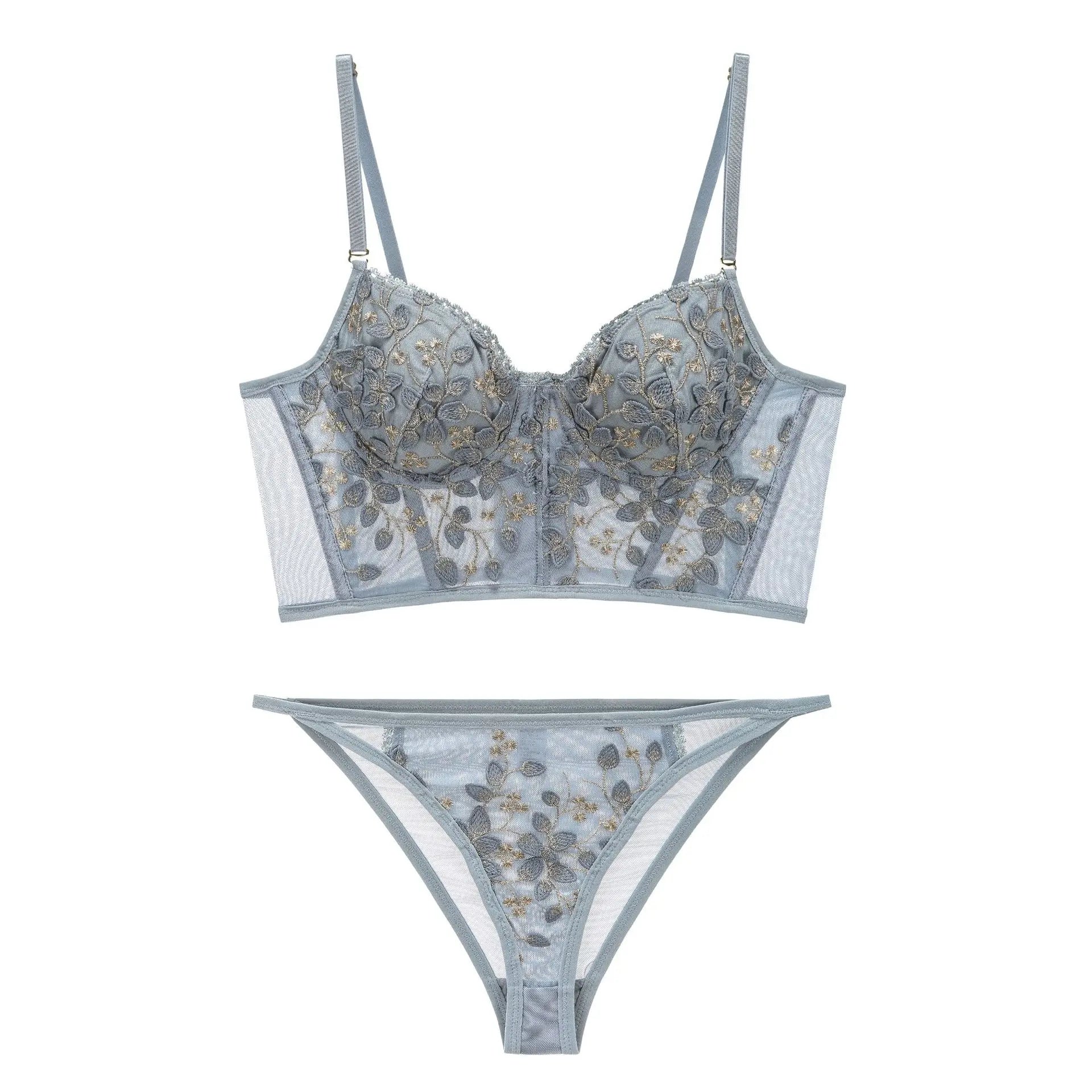 Embroidery Lace Flowers Body Shaping Push Up Romantic Cute Lingerie Thin Bra Set