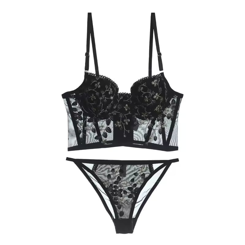 Embroidery Lace Flowers Body Shaping Push Up Romantic Cute Lingerie Thin Bra Set