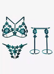 Erotic Open Cup Bra Panty Sets White Studded 3-Piece Lace Flower Lingerie