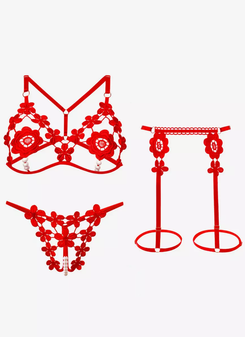 Erotic Open Cup Bra Panty Sets White Studded 3-Piece Lace Flower Lingerie