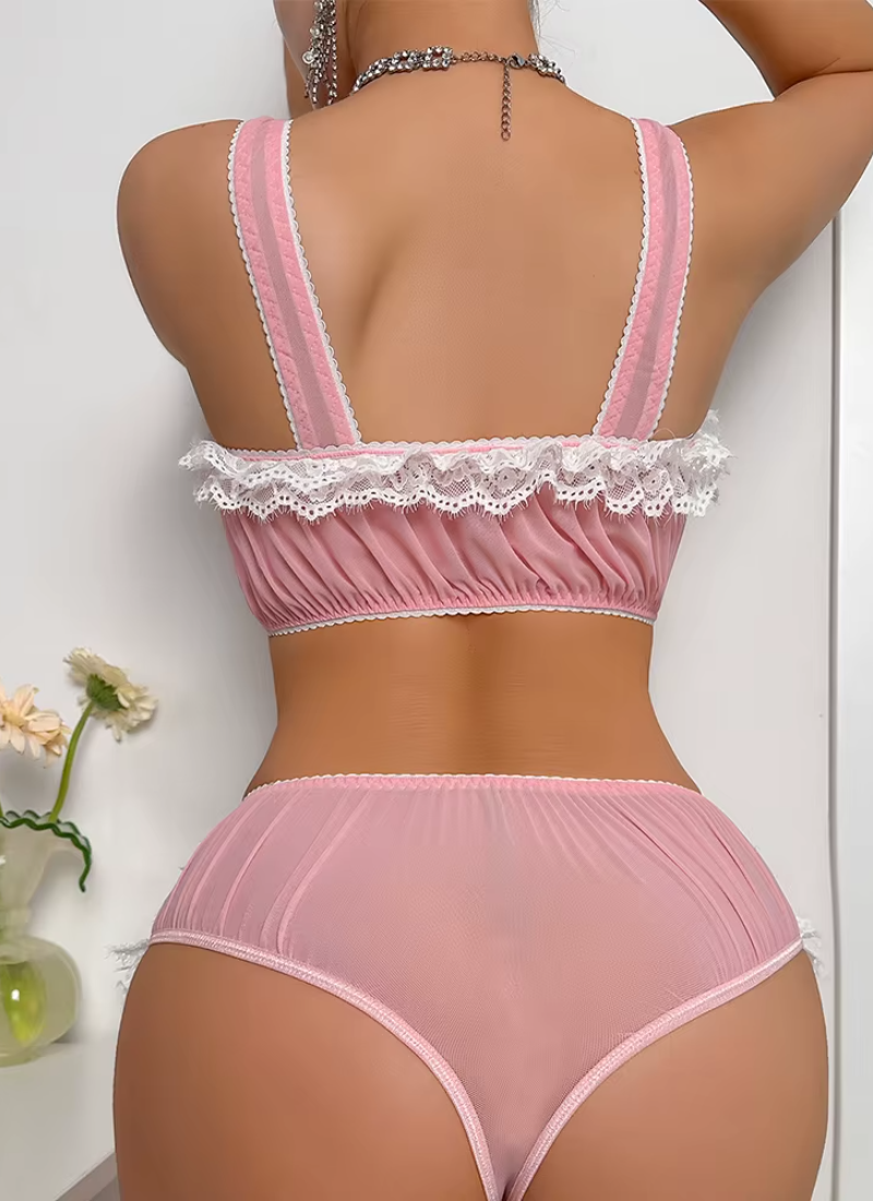 Fancy Lace Ruffles Intimate Underwear Erotic Two Piece Bra Set