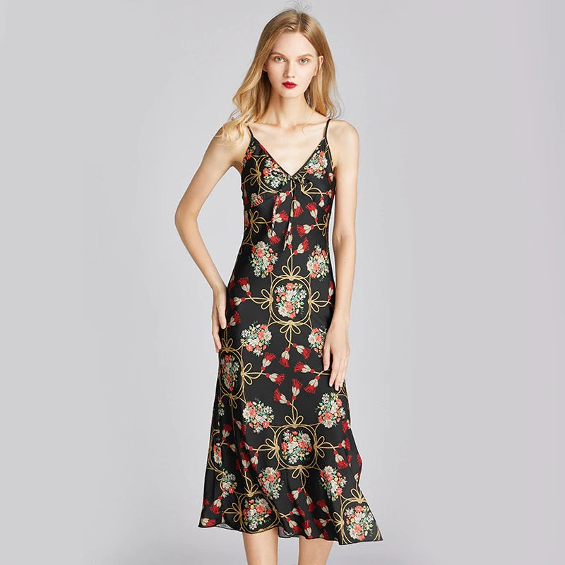 Faux Silk Satin Thin Strap Sleeveless Black Nightgown