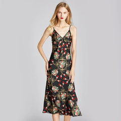 Faux Silk Satin Thin Strap Sleeveless Black Nightgown