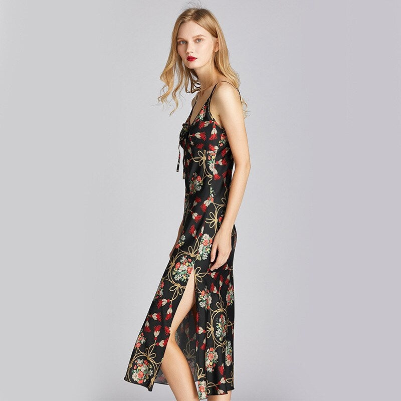 Faux Silk Satin Thin Strap Sleeveless Black Nightgown