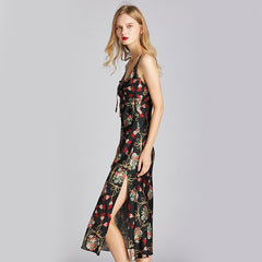 Faux Silk Satin Thin Strap Sleeveless Black Nightgown