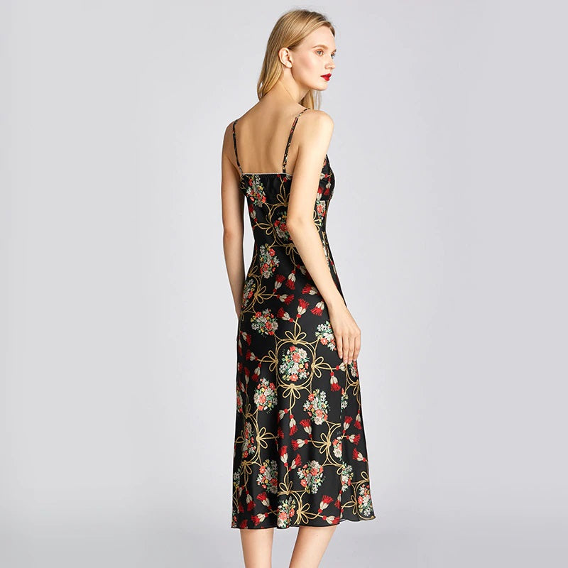 Faux Silk Satin Thin Strap Sleeveless Black Nightgown