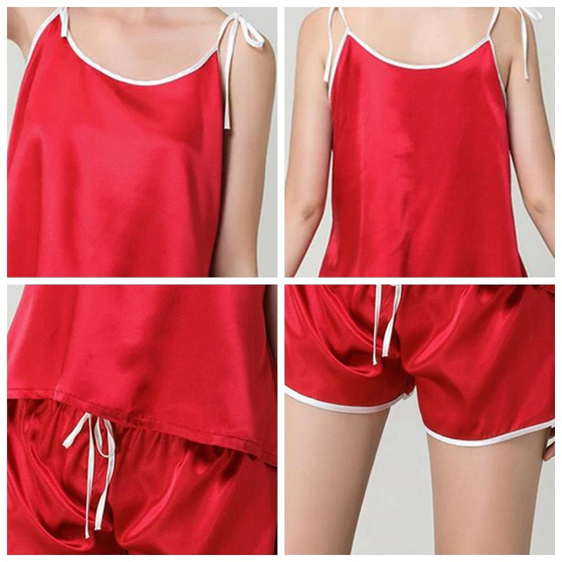 Faux Silk Sling And Shorts Stain Sleeveless Sleepwear