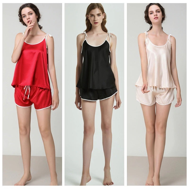 Faux Silk Sling And Shorts Stain Sleeveless Sleepwear