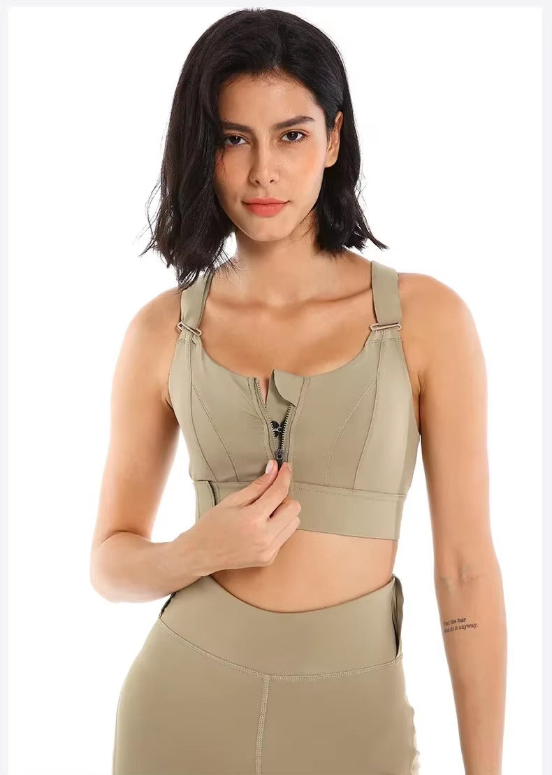 Fitness Active Push Up Chest Adjustable Straps Front Zipper Sports Yoga Running Bra