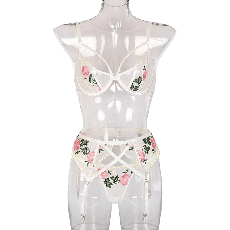 Floral Embroidery Lace Lingerie 3 Piece Set