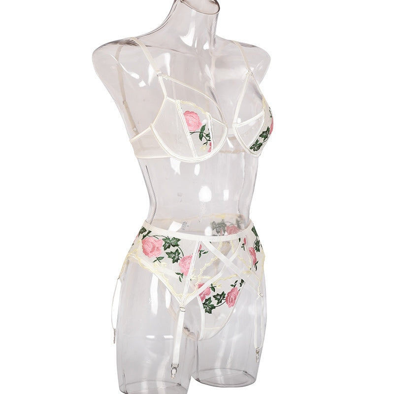 Floral Embroidery Lace Lingerie 3 Piece Set