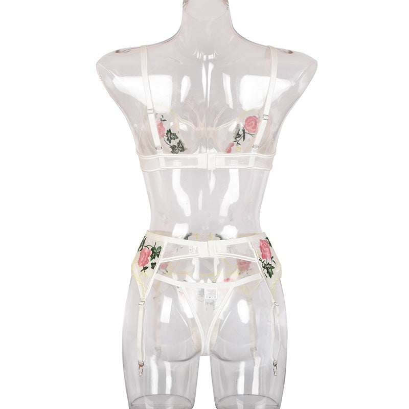 Floral Embroidery Lace Lingerie 3 Piece Set