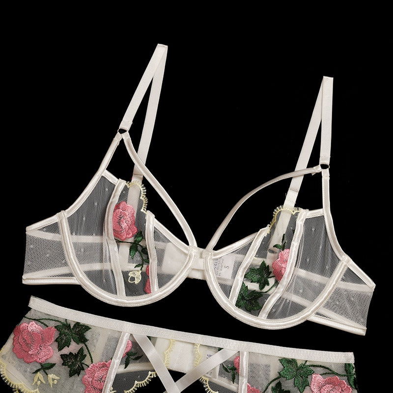 Floral Embroidery Lace Lingerie 3 Piece Set