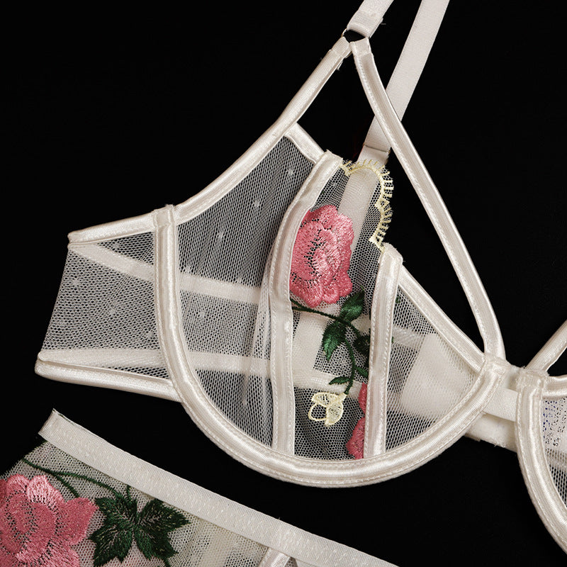 Floral Embroidery Lace Lingerie 3 Piece Set