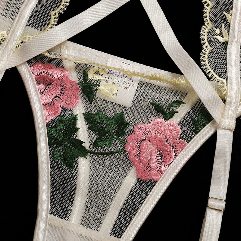 Floral Embroidery Lace Lingerie 3 Piece Set