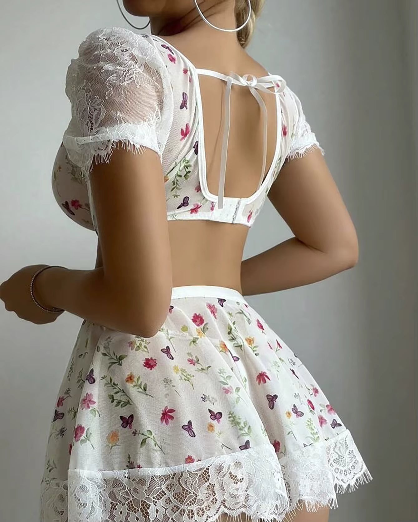Floral Lace Puff Sleeve Crop Top Skirt 3-Piece Bra Kitted Lingerie Set